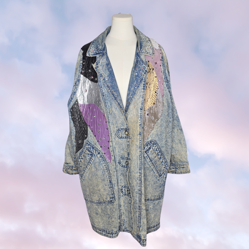 Vtg Blue Acid Wash Denim Leather Patchwork Studded Rhinestones Long Coat Size 32